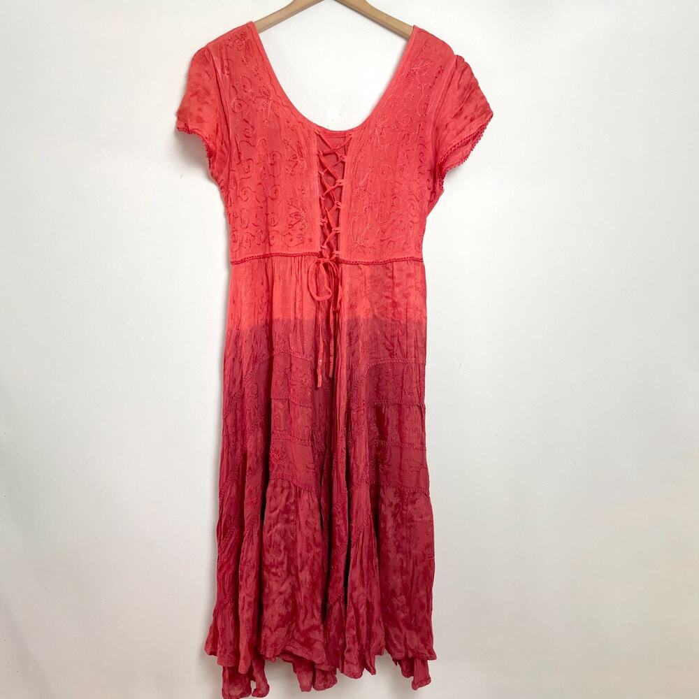Ren Fair Lace‎ Up Midi Dress Large Red Medieval Cottage Boho Renaissance